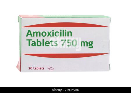 Generische Schachtel mit Amoxicillin 750 mg zur Behandlung bestimmter bakterieller Infektionen. Amoxicillin ist ein Penicillin-ähnliches Antibiotikum Stockfoto