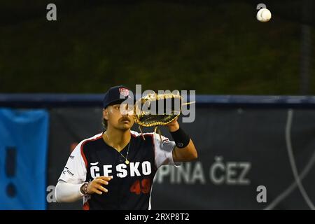 Ostrava, Tschechische Republik. September 2023 26. Martin Muzik aus Tschechien während des Baseball-Europameisterschaftsspiels Gruppe A gegen Spanien in Ostrava, Tschechien, 26. September 2023. Quelle: Jaroslav Ozana/CTK Photo/Alamy Live News Stockfoto