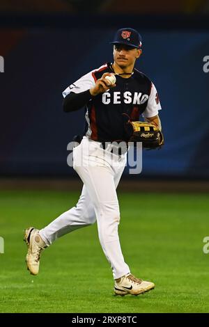 Ostrava, Tschechische Republik. September 2023 26. William Escala von Tschechien während des Baseball-Europameisterschaftsspiels Gruppe A gegen Spanien in Ostrava, Tschechische Republik, am 26. September 2023. Quelle: Jaroslav Ozana/CTK Photo/Alamy Live News Stockfoto