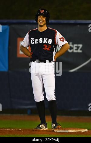 Ostrava, Tschechische Republik. September 2023 26. Daniel Vavrusa aus Tschechien während des Baseball-Europameisterschaftsspiels Gruppe A gegen Spanien in Ostrava, Tschechien, 26. September 2023. Quelle: Jaroslav Ozana/CTK Photo/Alamy Live News Stockfoto