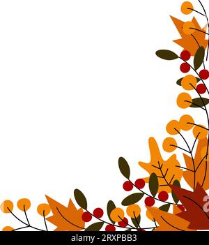 Abstrakter Thanksgiving Eckrahmen mit Kopierraum und verschiedenen Herbstzweigen in trendigen Herbsttönen. Isolieren. EPS. Vektordesign für Gruß- oder Einladungskarten, Poster, Banner, Preis, Etikett oder Web Stock Vektor