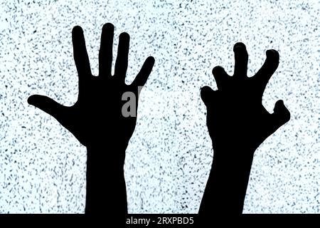 Zwei Hände auf weißem Hintergrund, schwarze Silhouetten, Formen. Unheimliche gruselige Handgesten, gebeugte Finger, Horror, einfaches Symbol, ausgeschnitten, Stockfoto