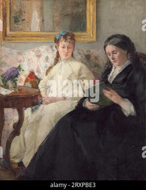 Titel: Die Mutter und Schwester des Künstlers Künstler: Berthe Morisot Datum: 1869-1870 Medium: Öl auf Leinwand Maße: 101 x 81,8 cm Ort: National Gallery of Art, Washington, D.C. Inhalt: Ein Porträt von Morisots Mutter und Schwester, an einem Tisch sitzend und gemeinsam ein Buch lesend. Lockerer, impressionistischer Stil. Stockfoto