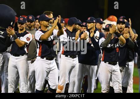 Ostrava, Tschechische Republik. September 2023 26. Tschechische Spieler nach dem Baseball-Europameisterschaftsspiel Gruppe A gegen Spanien in Ostrava, Tschechische Republik, 26. September 2023. Quelle: Jaroslav Ozana/CTK Photo/Alamy Live News Stockfoto