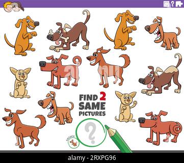 Cartoon-Darstellung, wie man zwei gleiche Bilder findet, ein Lernspiel mit Comichunden, Tierfiguren Stock Vektor