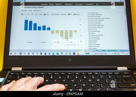 Miami Beach, Laptop Laptops Computer Monitore Bildschirme, Handtastatur, Diagramme Diagramme Diagramme Daten, Wirtschaft Wirtschaftspolitik p Stockfoto