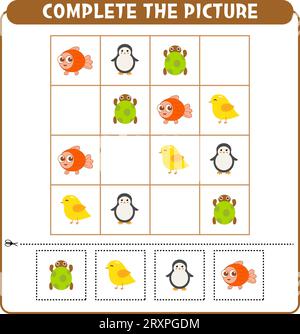 Vervollständigen Sie das Bild. Lernspiel Worksheet für Kinder Sudoku Stock Vektor