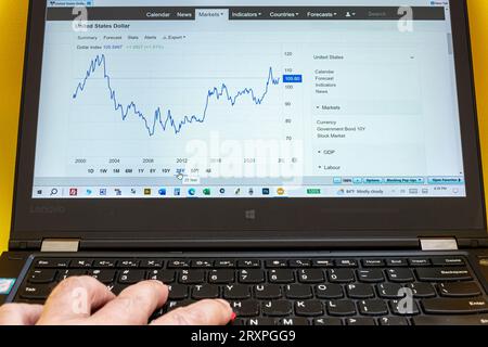 Miami Beach, Laptop Laptops Computer Monitore Bildschirme, Handtastatur, Diagramme Diagramme Diagramme Daten, Wirtschaft Wirtschaftspolitik p Stockfoto