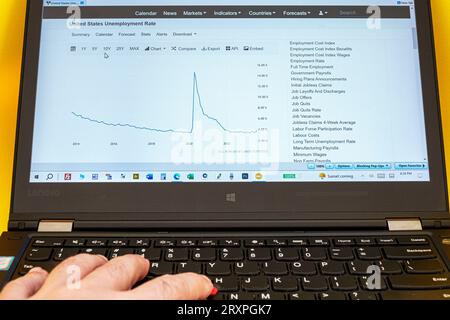 Miami Beach, Laptop Laptops Computer Monitore Bildschirme, Handtastatur, Diagramme Diagramme Diagramme Daten, Wirtschaft Wirtschaftspolitik p Stockfoto