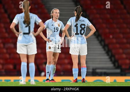 Glasgow, Großbritannien. September 2023 26. Die Belgierin Sari Kees sieht nach einem Spiel zwischen Schottland und der belgischen Frauenteam The Red Flames, Spiel 2/6 beim UEFA Women's Nations League-Wettbewerb 2023-24, am Dienstag, den 26. September 2023, in Glasgow, Schottland, enttäuscht aus. BELGA FOTO DAVID CATRY Credit: Belga News Agency/Alamy Live News Stockfoto