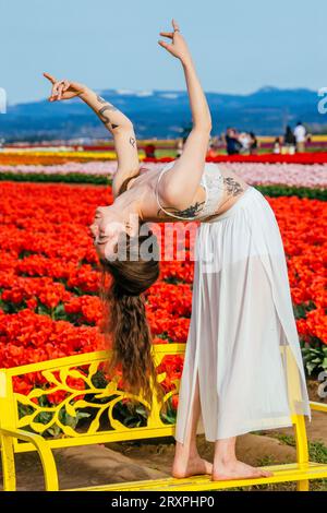 Langhaarige Brünette, die sich auf der Bank vor dem Tulpenfeld nach hinten beugt Stockfoto