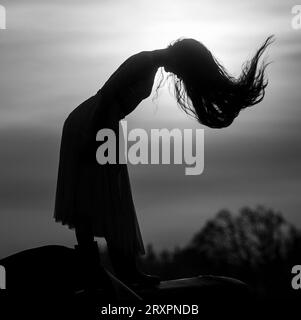 Silhouette einer langhaarigen Frau, die gegen die untergehende Sonne steht Stockfoto
