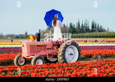 Frau, die sich auf dem Traktor abspaltet und auf einem riesigen Tulpenfeld steht Stockfoto