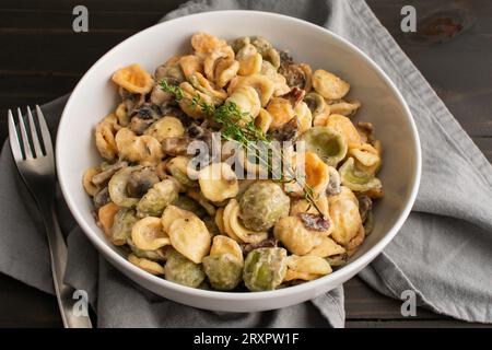 Orecchiette mit Pilz-Thymian-Sauce in einer Pasta-Schüssel: Nudeln und Pilze in Sahnesauce, serviert in einer großen flachen Schüssel Stockfoto