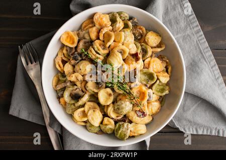 Orecchiette mit Pilz-Thymian-Sauce in einer Pasta-Schüssel: Nudeln und Pilze in Sahnesauce, serviert in einer großen flachen Schüssel Stockfoto