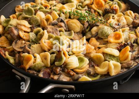 Orecchiette mit Pilz-Thymian-Sauce in einer Pfanne: Nudeln und Pilze in Sahnesauce, serviert in einer großen Bratpfanne Stockfoto