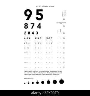 Rosenbaum Pocket Vision Screener Eye Test Chart medizinische Illustration mit Zahlen. Linienvektor-Skizzenstil, isoliert auf weißem Hintergrund. Augenoptiker zur Untersuchung Stock Vektor