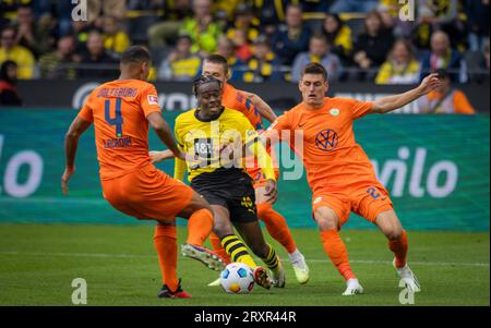 Dortmund, Deutschland. September 2023. Mattias Svanberg (Wolfsburg), Jamie Bynoe-Gittens (BVB), Joakim Maehle (Wolfsburg) Borussia Dortmund - VfL Wolfsbu Stockfoto