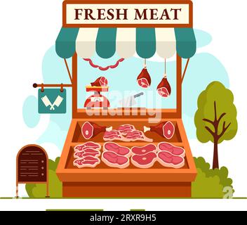Fleischladen oder Markt Vektor-Illustration mit verschiedenen frischen Fleischprodukten und Würstchen von Rindfleisch Schweinehähnchen im flachen Cartoon Hintergrund Design Stock Vektor