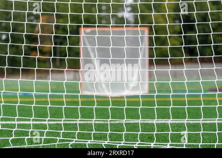 Foto eines Lacrosse-Tores auf einem leeren grünen Kunstrasenfeld. Stockfoto