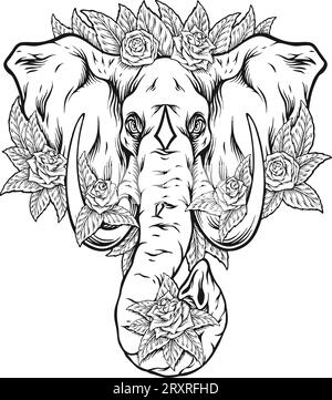 Florale elegante Elefantendekoration monochrome Vektorillustrationen für Ihr Firmenlogo, Merchandise-T-Shirt, Aufkleber und Etikettendesigns, Poster, Stock Vektor