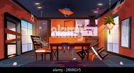 Zerstörte Kücheneinrichtung in Stadtwohnung. Vektor-Karikaturillustration des verlassenen Esszimmers mit gebrochenen Möbeln, unordentlichem Boden, Staub, Flecken, Stock Vektor