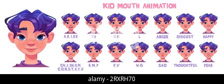 Kid Boy Mouth Animation - Gesichtsausdrücke mit unterschiedlichen Emotionen und Positionen von Merkmalen beim Aussprechen von Buchstaben des Alphabets. Zeichentrickvektor il Stock Vektor
