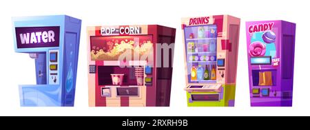 Symbol des Verkaufsautomaten mit Imbiss, Süßigkeiten und Popcorn-Illustration. Lebensmittel und Getränke isolierter Dispenser mit ungesunden Produkt. Vendingmachine Robotergerät Stock Vektor