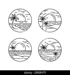 Tropisches Beach-Logo-Kollektion im Art-Style. Illustration von Palmen, Sonnenuntergang auf tropischer Strandinsel Stock Vektor