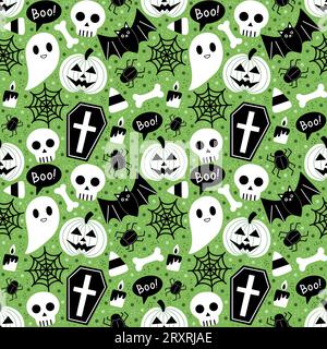 Einfarbige Halloween-Elemente auf grünem nahtlosem Muster-Design Stockfoto