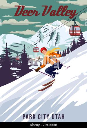 Reiseposter Ski Deer Valley Resort Vintage. Reisekarte für die Winterlandschaft der USA Stock Vektor