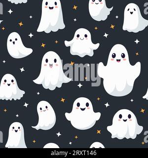 Nahtloses Muster mit lächelnden Geistern für Halloween. Vektor-Flachstilillustration für Design-Textil, Verpackung, Stoff, Papier, Druck. Stock Vektor