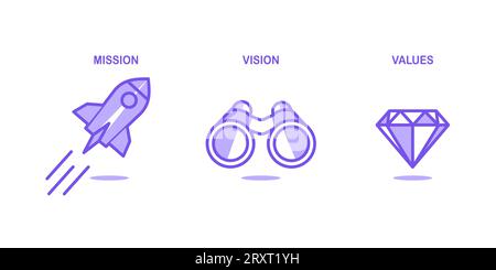 Einfaches lila flaches Symbol mit Rakete, Fernglas und Diamant zur Visualisierung von Mission, Vision und Unternehmenswerten Stock Vektor