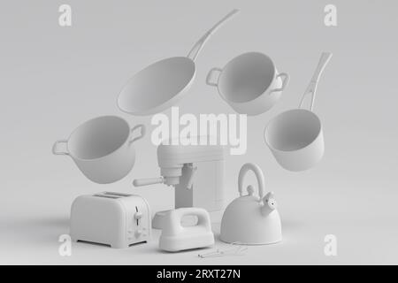 Espressomaschine, Handmixer, Wasserkocher und Toaster für die Zubereitung des Frühstücks auf monochromem Hintergrund. 3D Render der Kaffeeanne für die Herstellung von Latte Stockfoto