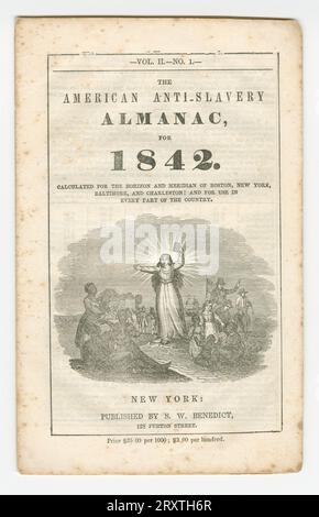 American Anti-Slavery Almanac für 1842, veröffentlicht von S. W. Benedict. Der Almanach ist auf weißem Papier mit schwarzer Tinte gedruckt. UNTER DEM TITEL STEHT „BERECHNET FÜR DIE HORIZON UND MERIDIAN VON BOSTON, NEW YORK, / BALTIMORE UND CHARLESTON: UND FÜR DEN EINSATZ IN / JEDEM TEIL DES LANDES“. Ein graviertes Bild befindet sich in der Mitte. Das Bild zeigt eine Kaukasierin, die ein Buch in der linken Hand hält. Ein Lichtstrahl ist hinter ihr. Männer, Frauen und Kinder beobachten sie. Im Hintergrund befinden sich ein Schiff und ein Gebäude. Die Innenseiten enthalten astronomische Informationen, Kalender A Stockfoto