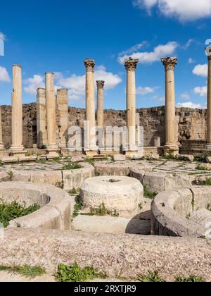 Säulen in der antiken Stadt Jerash, die vermutlich 331 v. Chr. von Alexander dem Großen, Jerash, Jordanien, dem Nahen Osten gegründet wurde Stockfoto