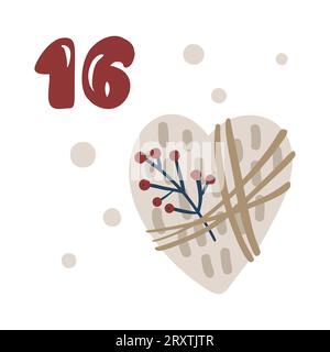 Adventskalender mit handgezeichnetem Element Herzgeschenk. Tag 16. Poster im skandinavischen Stil. Niedliche Winterillustration für Karte, Poster Stock Vektor