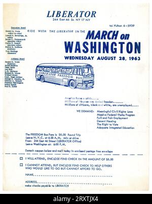 Die „Liberator“-Werbeseite wirbt für eine Busfahrt zum 1963. März auf Washington 1963 Stockfoto