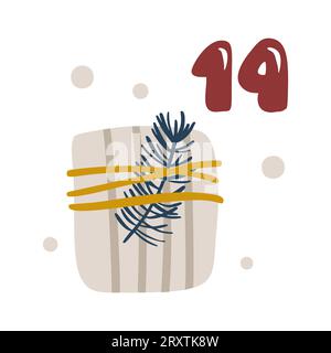 Weihnachten Adventskalender handgezeichnete Geschenkbox mit Zweig. Tag 14. Poster im skandinavischen Stil. Niedliche Boho-Winter-Illustration für Karte, Poster Stock Vektor