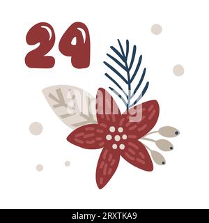 Adventskalender mit handgezeichneter Blumenmistel Poinsettia. 24. Tag. Poster im skandinavischen Stil. Niedliche Winter-Illustration für Stock Vektor