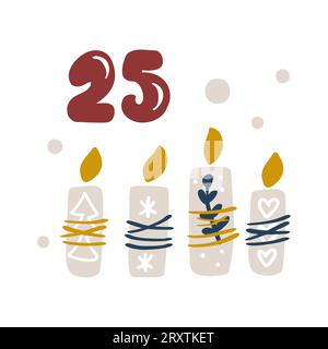 Adventskalender mit handgezeichneten vier Kerzen. 25. Tag. Boho-Poster im skandinavischen Stil. Niedliche Winterillustration für Karte, Poster Stock Vektor