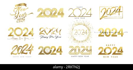 Set aus 2024 goldenen Logodesigns für das Happy New Year. Goldener Zahlenvektor auf weißem Hintergrund. Weihnachtsgrüße mit kreativem Luxus Stock Vektor