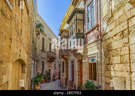 Traditionelle maltesische Kalksteingebäude mit farbigen Balkonen in den lebhaften Gassen der Altstadt von Birgu (Citta Vittoriosa), Malta Stockfoto