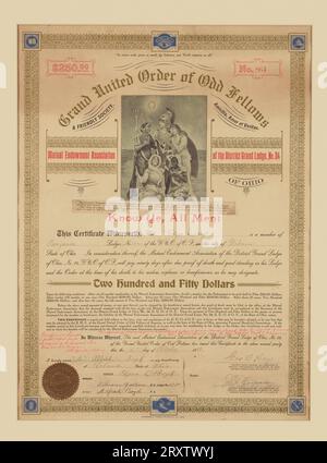 Stiftungsurkunde für den Grand United Order of Odd Fellows, 15. Oktober 1908 Stockfoto