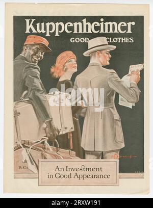 Farbige Illustration einer Kleidung Werbung aus der Ausgabe der Saturday Evening Post vom 17. Juni 1922 mit einem Pullman Porter. Die Werbung steht für „Kuppenheimer gute Tücher“ und besagt, dass es sich um „eine Investition in gutes Aussehen“ handelt. Die Werbung zeigt einen afroamerikanischen Portier, der dem Leser gegenüber lächelt, mit einer orange-roten Gepäckträgerkappe und zwei Gepäckstücken trägt, eines in der Hand und eines unter dem Arm. Vor ihm steht ein weißer Mann und eine weiße Frau. Der Mann schaut geradeaus und trägt einen Mantel und Hut, liest eine Zeitung mit dem Titel "Atlantic". Die Frau hält ihn fest Stockfoto