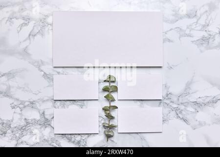 Echtes Foto, Karten Branding Mockup Vorlage isoliert auf Marmorhintergrund mit floralen Elementen, um Ihr Design zu platzieren. Stockfoto