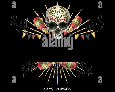 Menschlicher Schädel mit einem Ornament, in einer goldenen Krone mit Rochen, mit Spinnweben, Kranzfahnen und Maracas. Handgezeichnete Aquarellzeichnung für den Tag des Stockfoto