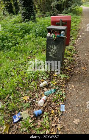 Überlaufender Metallmüll mit Müll in Form von Plastikbechern und Flaschen auf dem Boden neben einem Pfad, wie in einem öffentlichen Park in England, Großbritannien Stockfoto