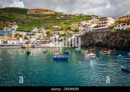 Malerischer Blick auf das kleine Fischerdorf Câmara de Lobos in Madeira, Portugal, wo malerische Fischerboote in der Bucht vor den Klippen ankern Stockfoto