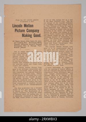 Pressemitteilung der Lincoln Motion Picture Company, 5. Januar 1917 Stockfoto